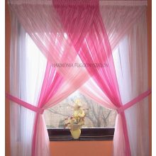 Dekoratív függöny fazon. Fehér - rózsaszín - pink voile alapanyagokból készített átvetős, elkötős függöny.