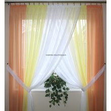 Tricolor ( fehér - sárga - lazac ) kétágú kikötős függöny, gyűrt voile alapanyagból.