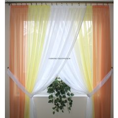   Tricolor ( fehér - sárga - lazac ) kétágú kikötős függöny, gyűrt voile alapanyagból.
