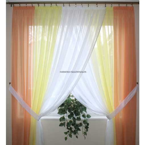 Tricolor ( fehér - sárga - lazac ) kétágú kikötős függöny, gyűrt voile alapanyagból.