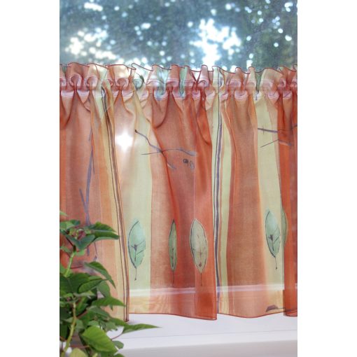 Nyomott mintás terra - mustár sárga voile levélmintával. 136 cm széles x  47 cm magas vitrázsfüggöny.