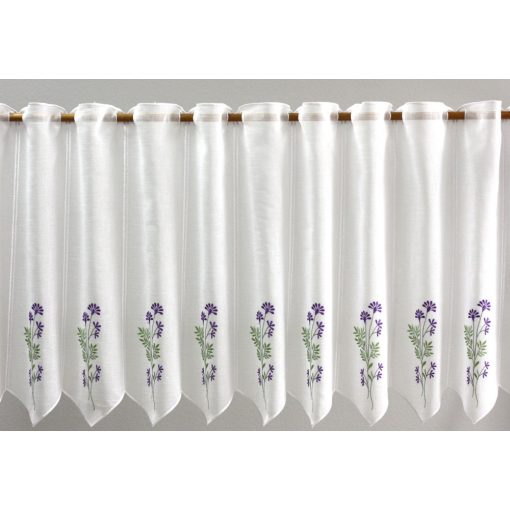 Fehér alap színű hímzett vitrázsfüggöny 60cm magas BÍBORKA lila színben