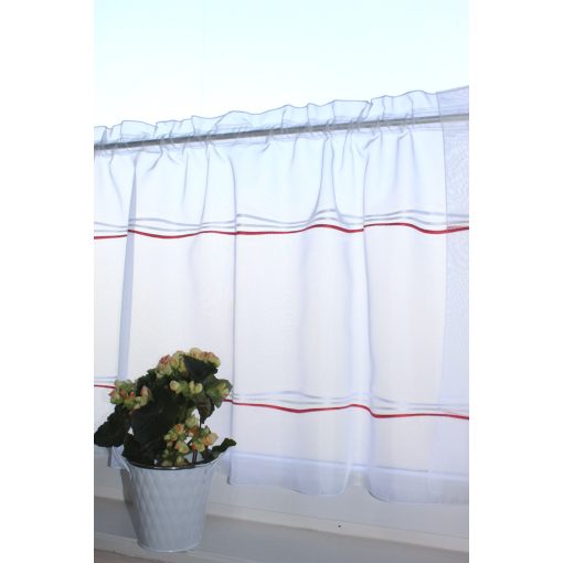 Fehér voile vitrázsfüggöny piros- fehér vízszintes hullám mintás 57cm magas és 96cm széles 